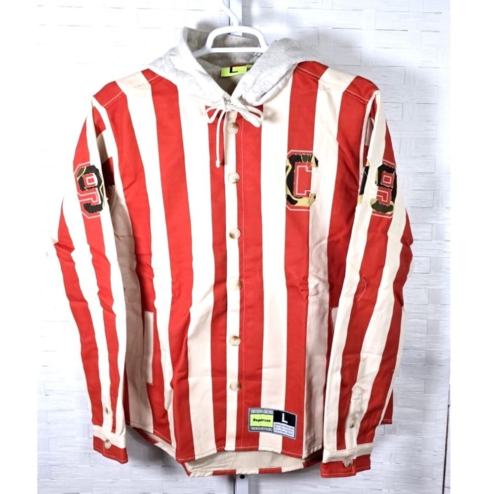 Supervsn Studios Mens Red Cream Striped Hooded Button Front Canvas Shirt Large